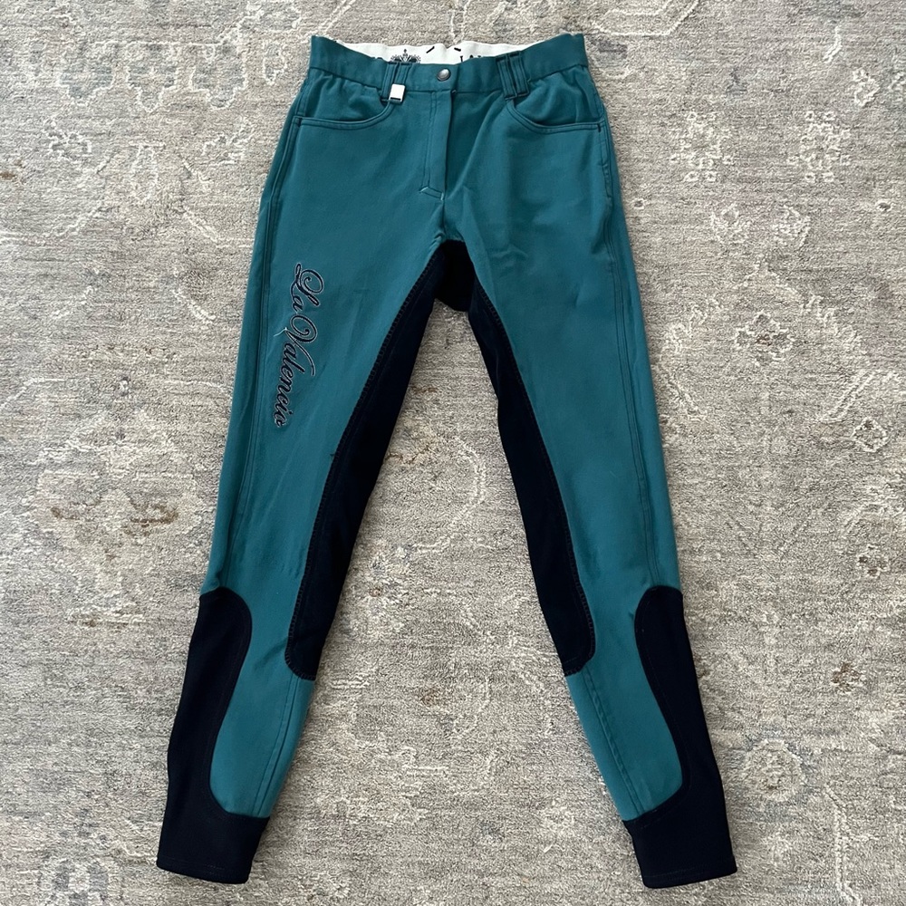La Valencia Full Seat Riding Breeches 34/22 Teal/Navy Crystals Pants Stretch